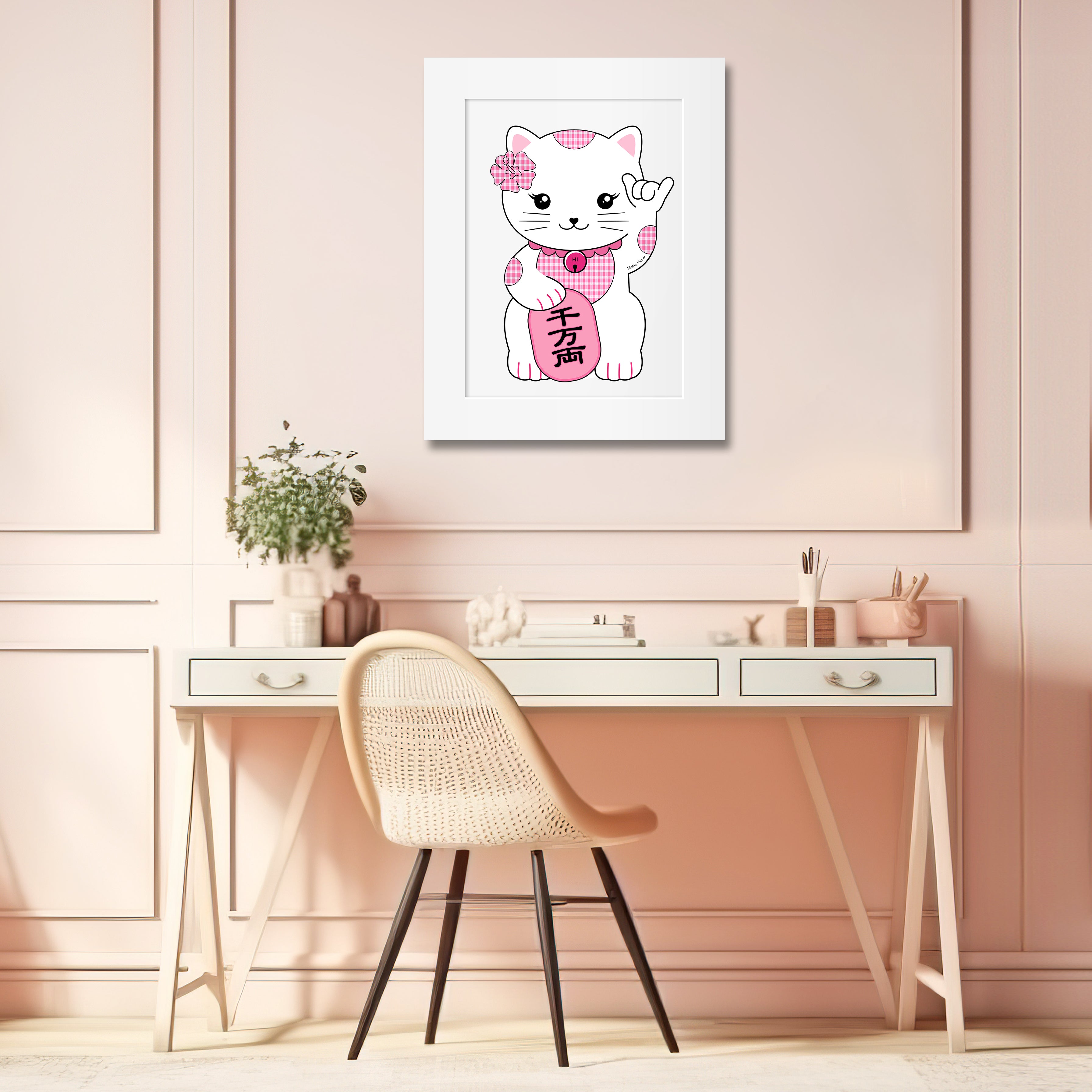 Lucky Cat Matted Print, Pink Palaka Edition