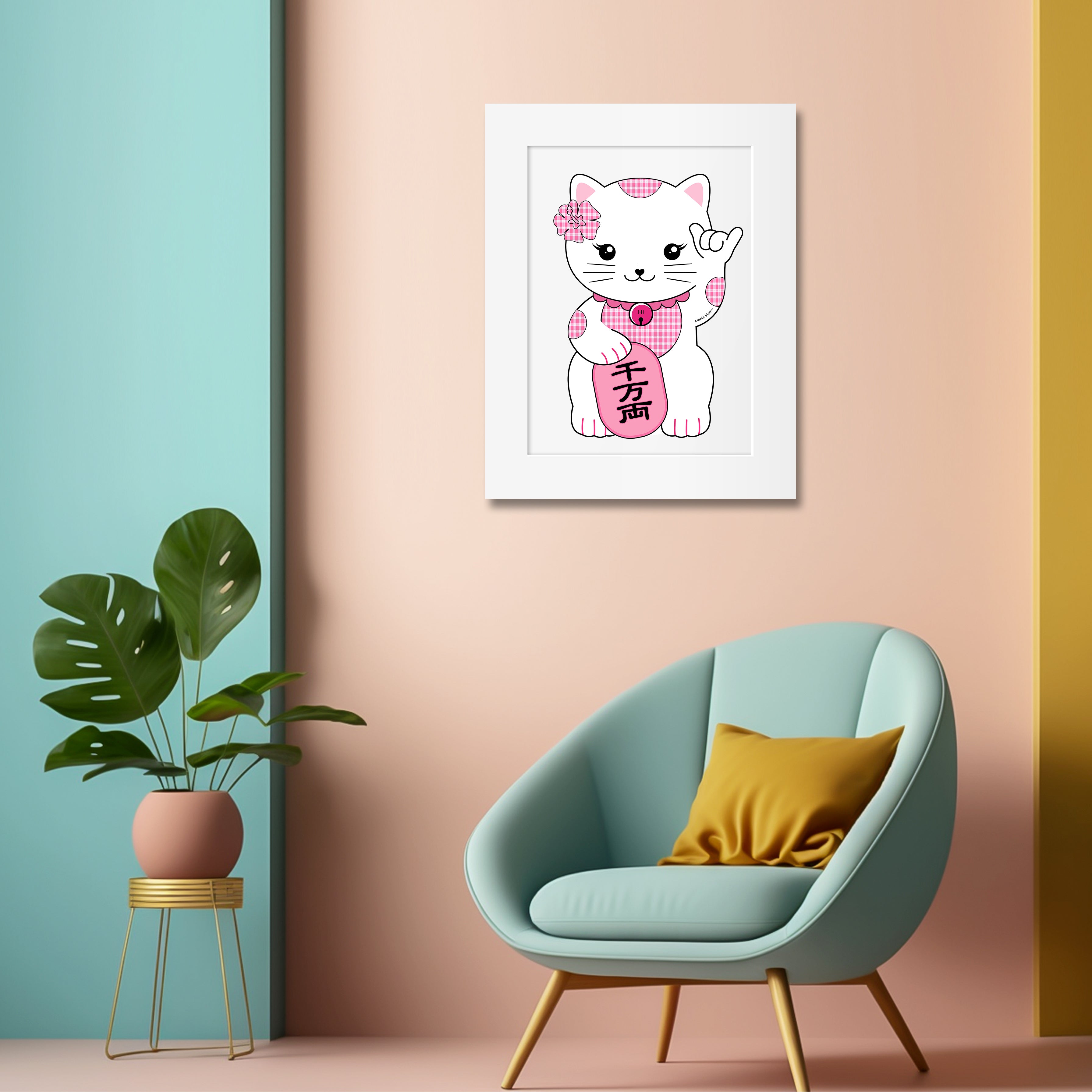 Lucky Cat Matted Print, Pink Palaka Edition