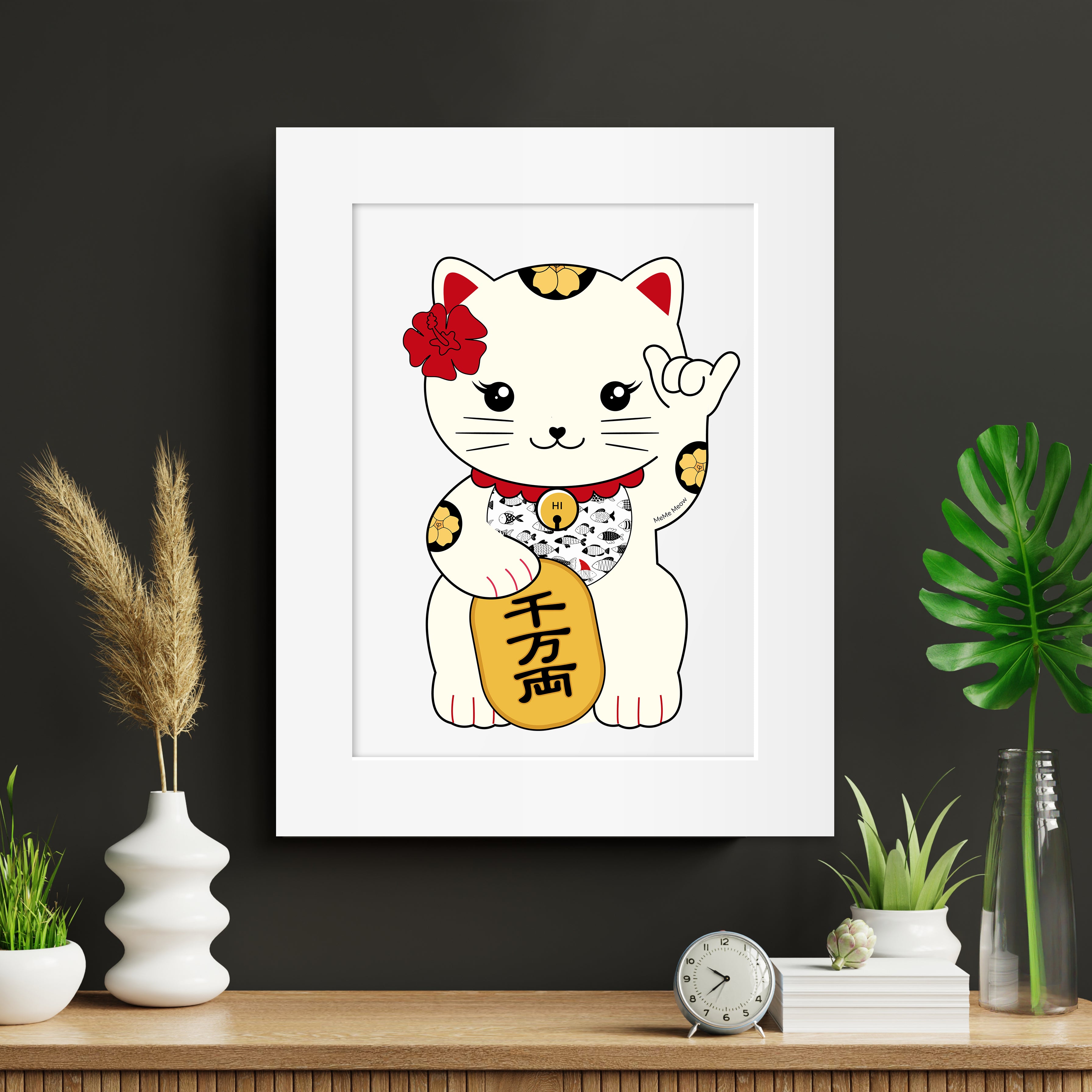 Lucky Cat Matted Print, Pua Kenikeni Edition