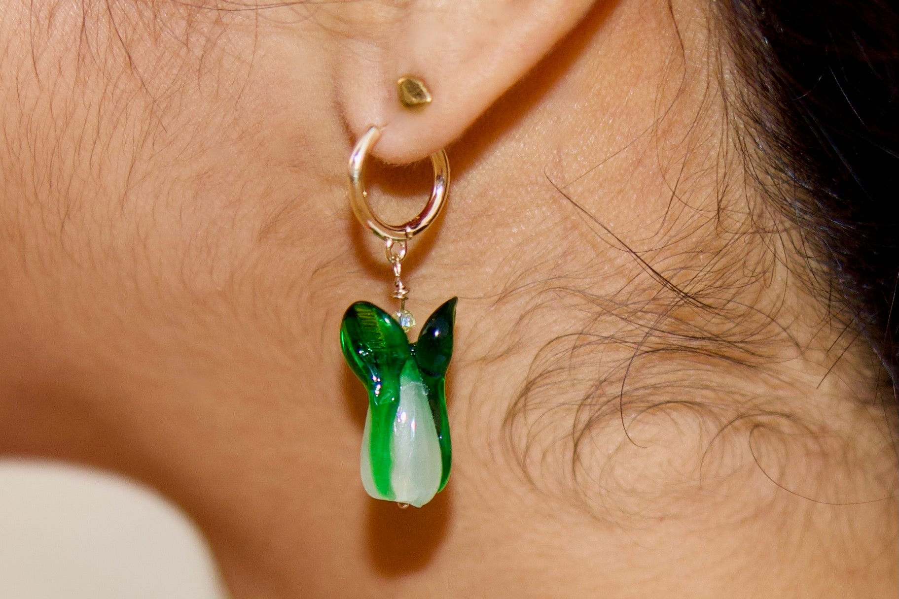 Lampwork Bok Choy Luxe Huggies Earrings