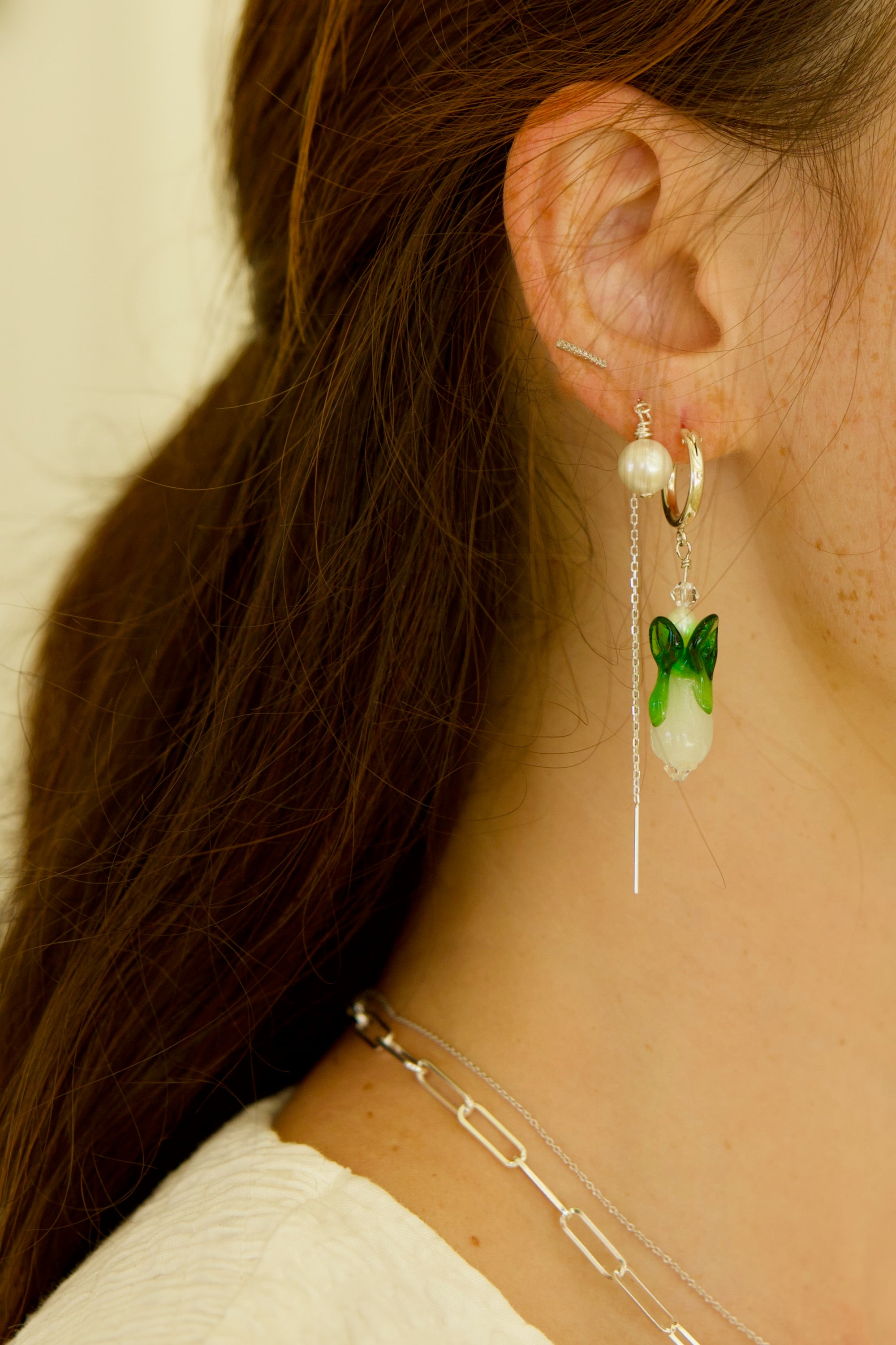 Lampwork Bok Choy Luxe Huggies Earrings